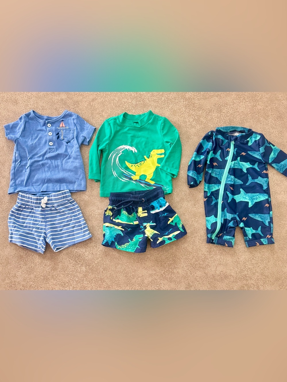 Carter's Boys 3M Summer Bundle 3 Outfits Swim Rash Guard Shark Beach 5 Pieces